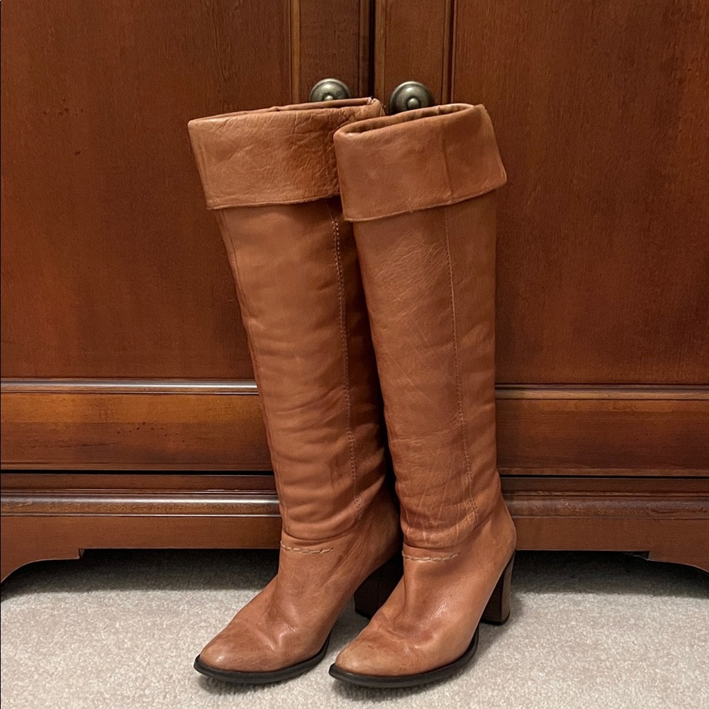 Women's Over-the-Knee Fold-Over Leather Boots in Cognac Brown